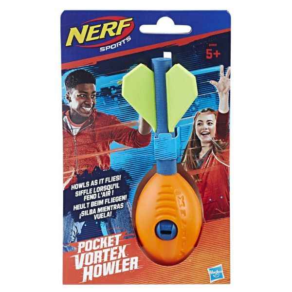 Nerf Pocket Vortex Howler in packaging with an orange foam body, blue tail, and bright green fins.
