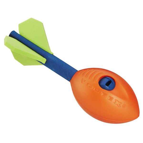 Orange foam football toy with a blue tail, lime green fins, and a blue whistle on the side.