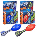 Blue and red aerodynamic foam footballs with tail fins, shown in Nerf Vortex Aero Howler boxes and unboxed.