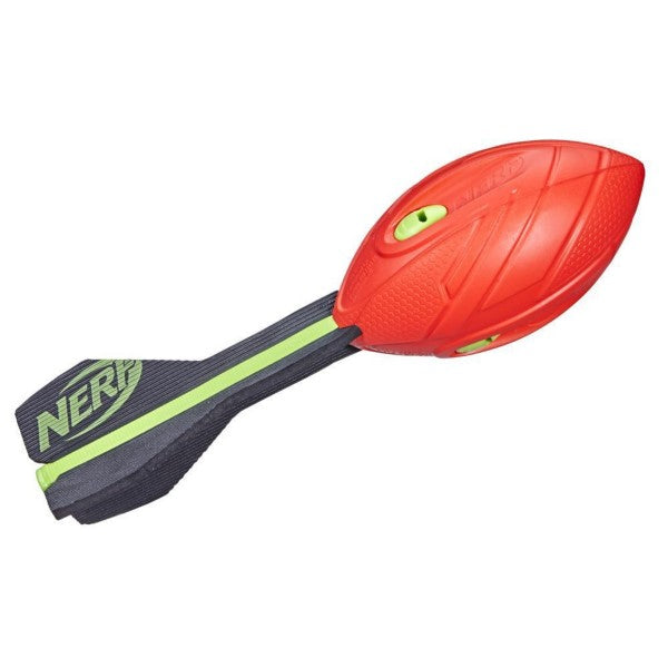 Red foam football with green whistles and a black and neon green finned tail featuring the Nerf logo.