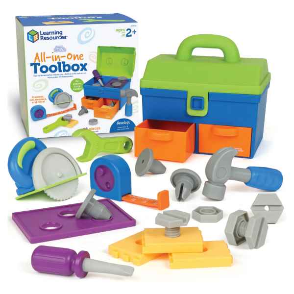 Blue and green toy toolbox with orange drawers, hammer, wrench, saw, screwdriver, and bolts in bright primary colors.