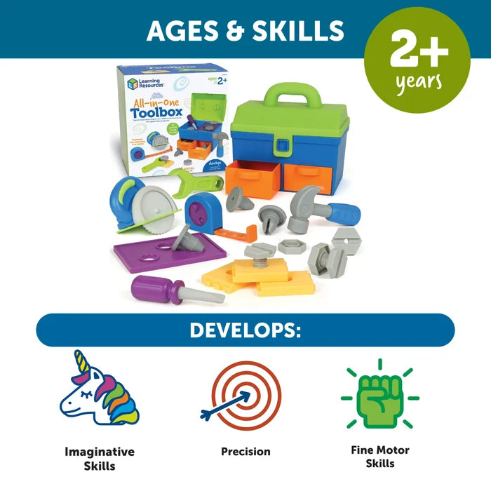 Blue and green toy toolbox with plastic tools. Graphics show age 2+ and skills for motor play, precision, and imagination.