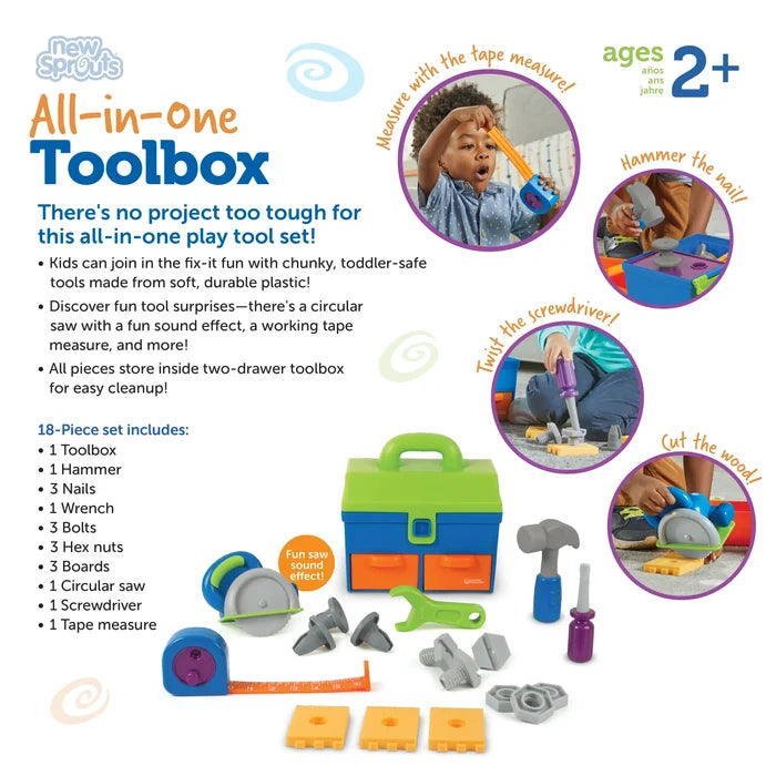 Green and blue toy toolbox with chunky plastic tools like a hammer, saw and tape measure, and toddler play photos.