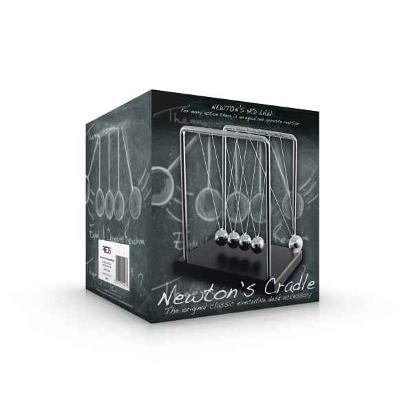 Product box with a chalkboard design showing a silver metal Newton's Cradle with five swinging balls on a black base.