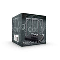Product box with a chalkboard design showing a silver metal Newton's Cradle with five swinging balls on a black base.