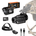Night vision device with helmet mount, headband, and accessories on a white background
