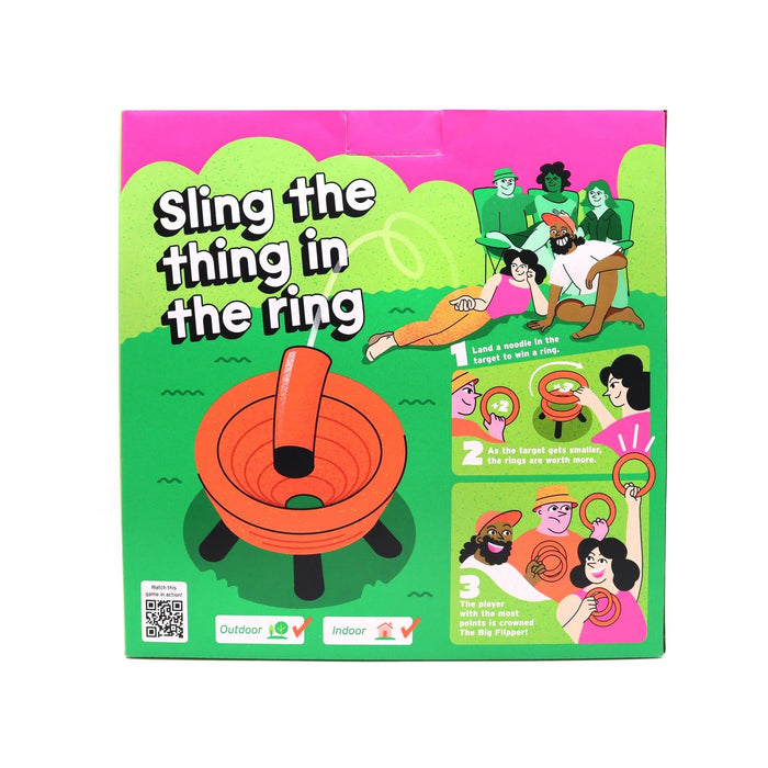 Bright pink and green game box featuring a red tiered bowl target and cartoon characters playing a tossing game.