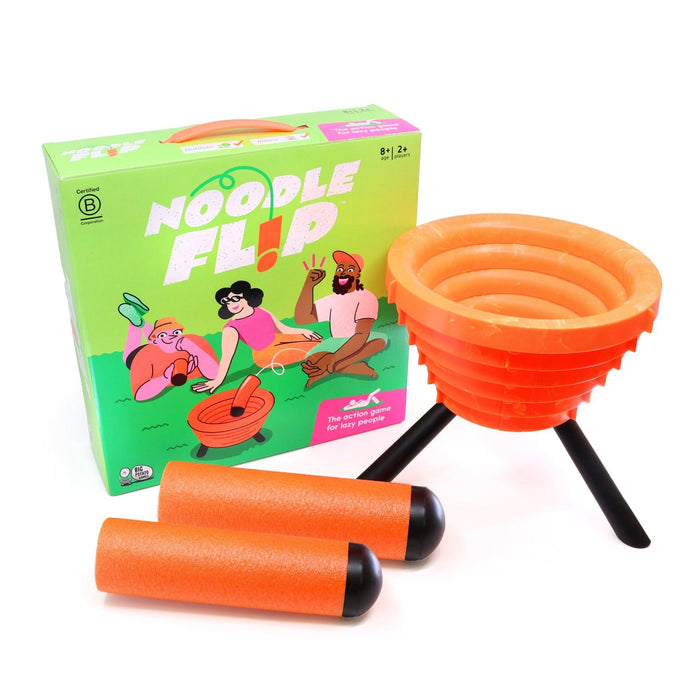 Green game box next to a collapsible orange bowl target on black legs and two orange foam cylinders with black ends.