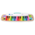 Flat wooden toy keyboard with rainbow touch keys, white top panel, teal handle, and musical animal illustrations.