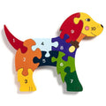 Dog-shaped wooden puzzle with ten vibrant, interlocking pieces numbered 1 to 10.