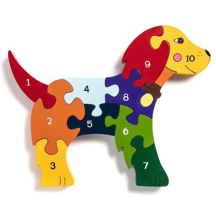 Dog-shaped wooden puzzle with ten vibrant, interlocking pieces numbered 1 to 10.