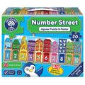 Colorful puzzle box showing numbered houses with animals, a blue street sign, and a penguin character.