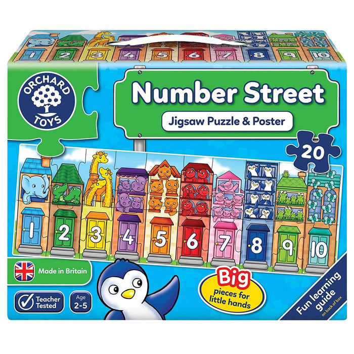 Colorful puzzle box showing numbered houses with animals, a blue street sign, and a penguin character.