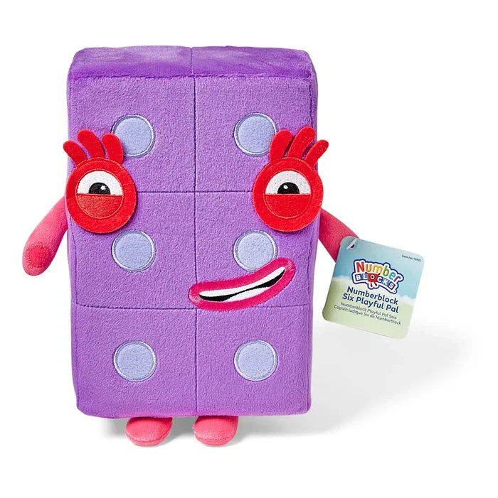 Purple rectangular plush toy with six light purple spots, large red eyes, a smirk, and pink limbs with a product tag.