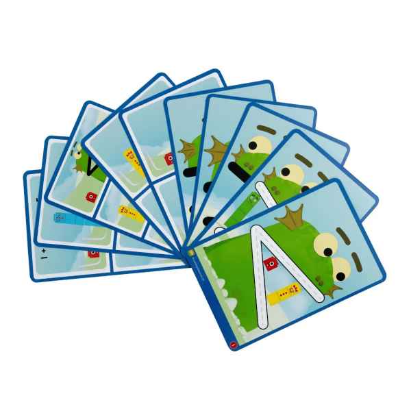 Fanned activity cards with blue borders showing a green monster character, tracing letters, and colorful number blocks.