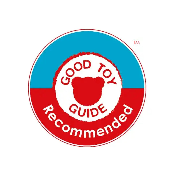 Circular blue and red Good Toy Guide Recommended seal with a central red teddy bear icon in a white circle.