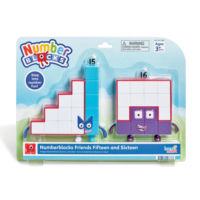 Numberblocks Fifteen and Sixteen plastic figures in blue retail packaging with a step and square design.