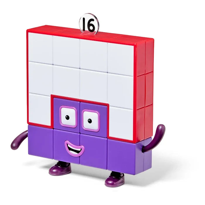 Square toy figure made of 16 white and purple blocks with a red border, smiling face, and a 16 number tag on top.