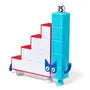 Teal Numberblock 16 with a blue cat mask next to the white and red stepped Numberblock 15 staircase shape.