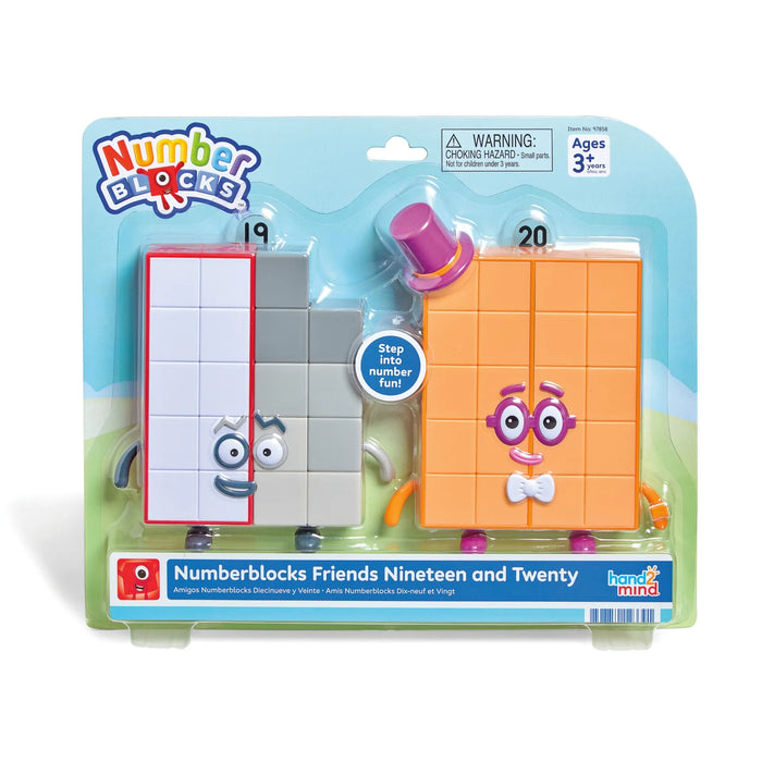 Numberblocks Nineteen and Twenty figures in packaging with posable arms, glasses, and a purple top hat.