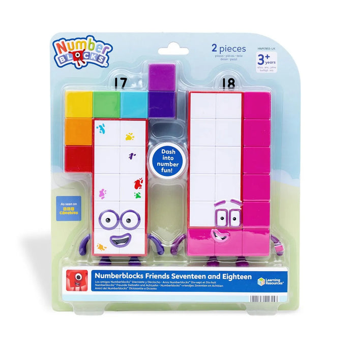 Numberblocks Seventeen and Eighteen plastic figures in clear blister packaging with logo and age rating.