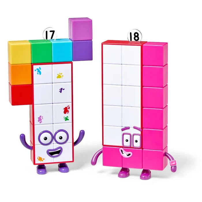 Toy figures: 17 with paint splatters and rainbow blocks, and 18 as a pink and white rectangular grid with glasses.