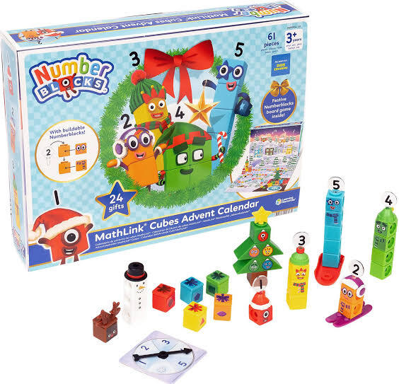 Numberblocks Advent Calendar box with festive character cubes, 24 daily gifts, and a holiday-themed board game.