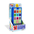 Blue toy phone with colorful Numberblocks character buttons 1-10 inside a themed cardboard display box.