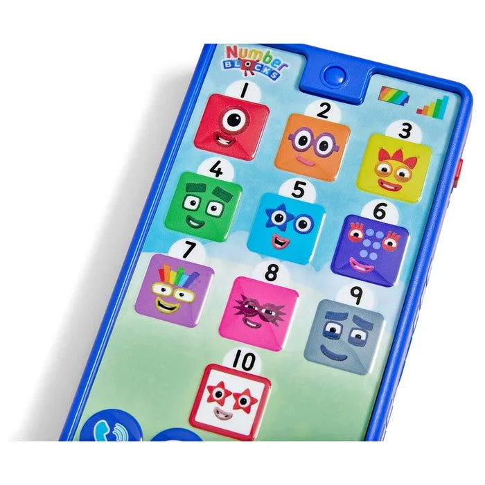 Blue toy phone featuring colorful Numberblocks character buttons numbered 1 to 10 in a grid layout.
