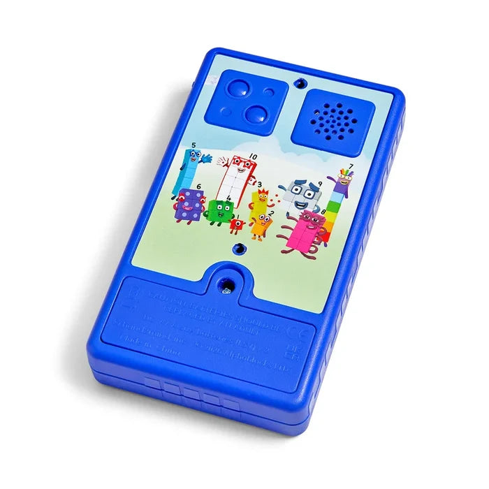 Bright blue rectangular toy phone showing Numberblocks characters, speaker grill, and a screw-secured battery door.