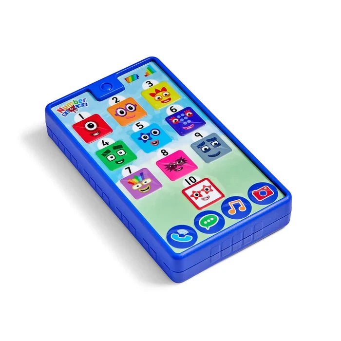 Blue toy smartphone featuring colorful Numberblocks characters on buttons 1-10 and bottom activity icons.