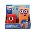Red cube plush and tall orange plush with purple glasses in a blue Numberblocks display box.