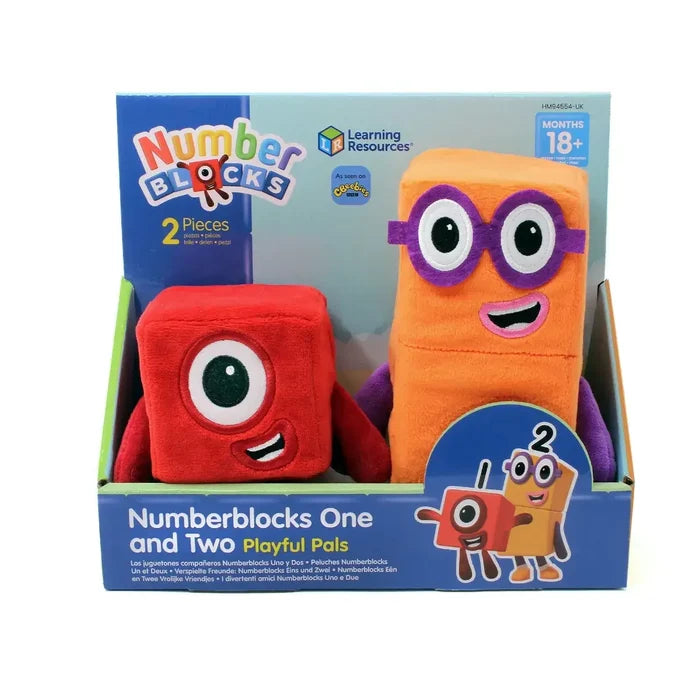 Red cube plush and tall orange plush with purple glasses in a blue Numberblocks display box.