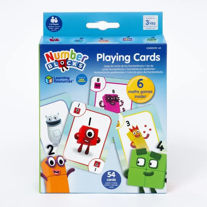 Blue box of Numberblocks playing cards featuring colorful character cards 1 to 8 and a 6 maths games logo.