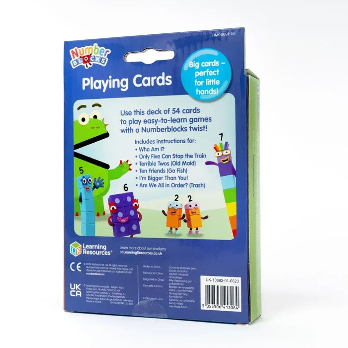 Back of blue card box featuring colorful Numberblocks characters and a list of six educational games.