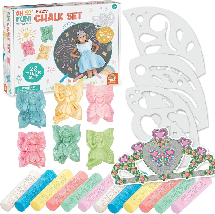 Boxed chalk set with 6 fairy-shaped chalks, 12 colorful sticks, wing stencils, and a paper heart tiara.
