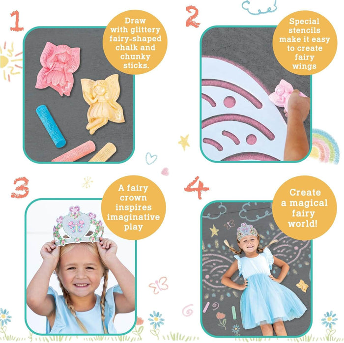 Fairy-shaped chalk, chunky sticks, wing stencils, and a paper crown. A girl poses with her colorful sidewalk chalk art.