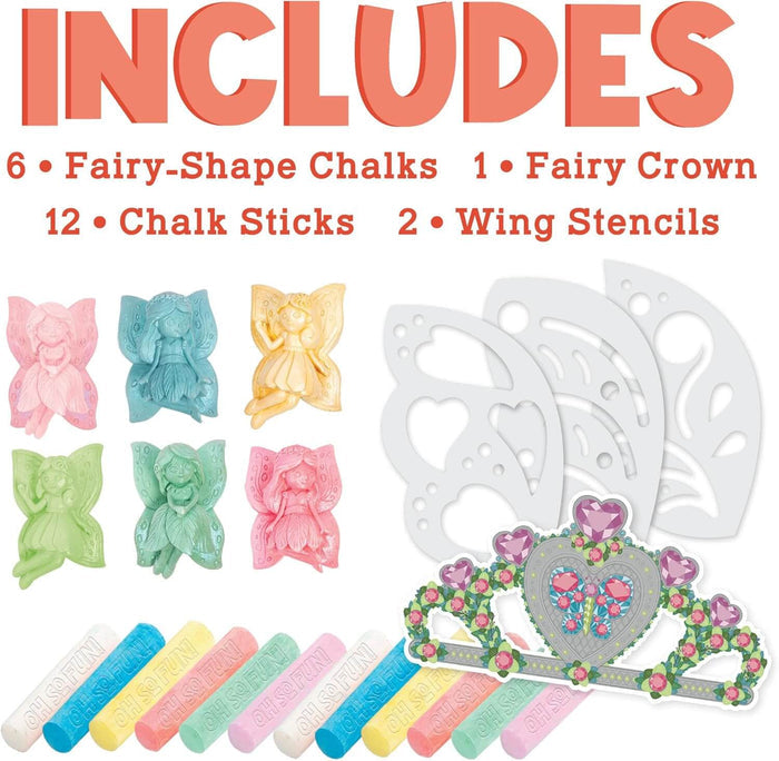 Fairy chalk set with 6 fairy-shaped chalks, 12 colored sticks, wing stencils, and a jeweled pink tiara.