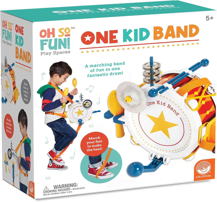 Teal toy box showing a child wearing a colorful marching drum kit with maracas, cymbals, and a foot-operated mallet.