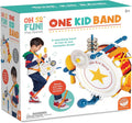 Teal toy box showing a child wearing a colorful marching drum kit with maracas, cymbals, and a foot-operated mallet.