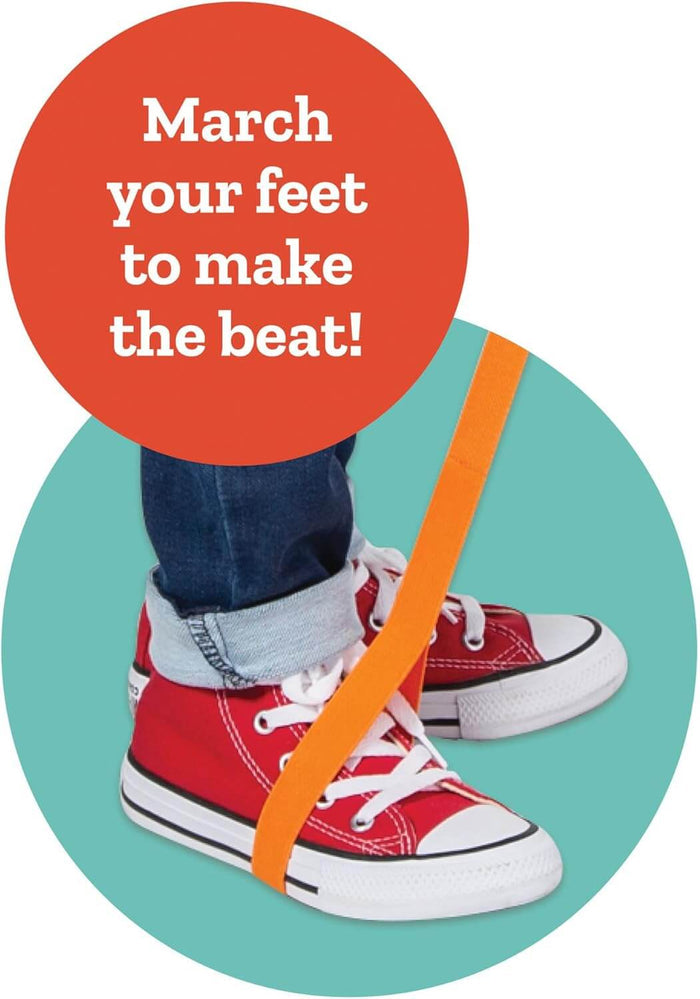 Red high-top sneakers with an orange strap. Text reads: March your feet to make the beat!