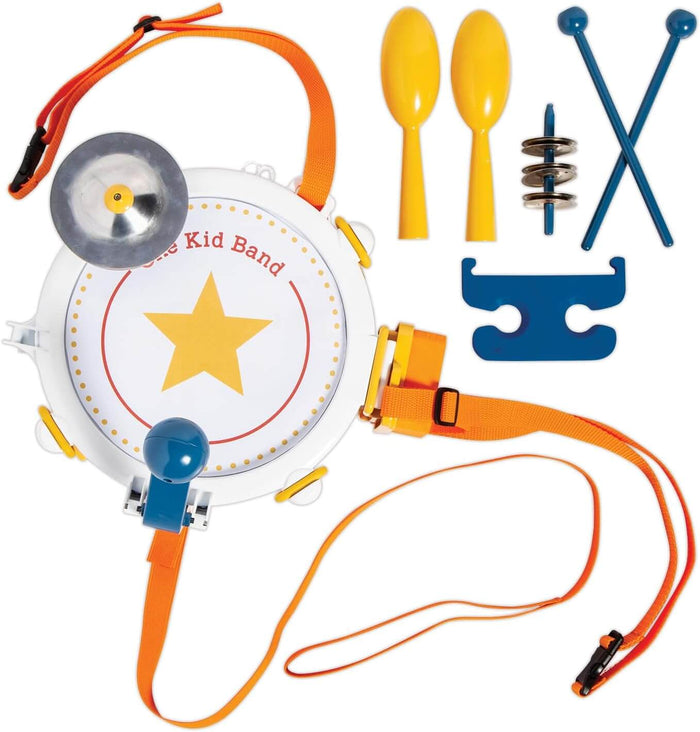 Toy instrument set with a white star drum, orange straps, yellow maracas, blue sticks, silver cymbal, and jingle shaker.