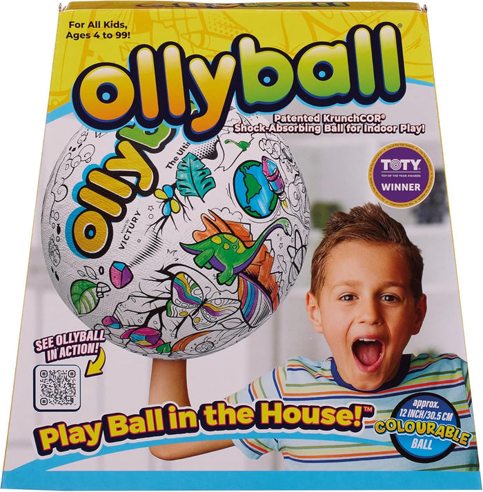 Yellow Ollyball box showing a large white ball with colorable line art held by an excited boy.