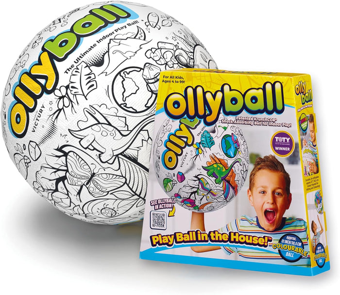 White inflatable ball with black dinosaur line art next to its yellow retail box showing a happy child playing.