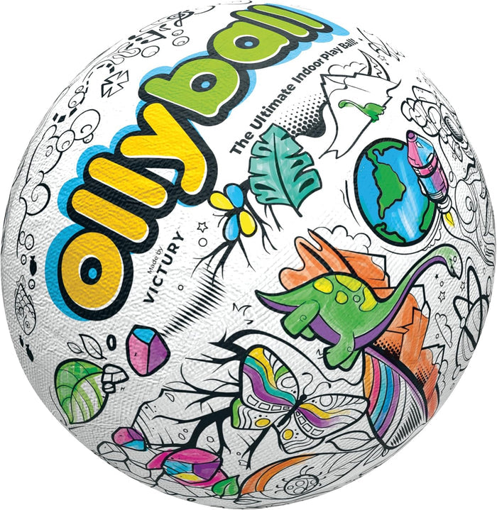 White spherical ball with black line art of a dinosaur, butterfly, and earth, featuring a colorful Ollyball logo.
