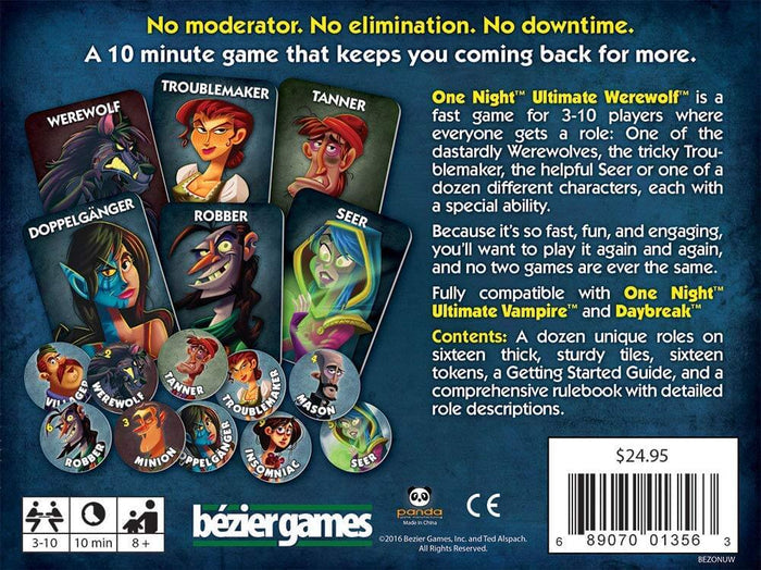 Back of a board game box featuring colorful character cards, round tokens, and game details on a dark blue background.