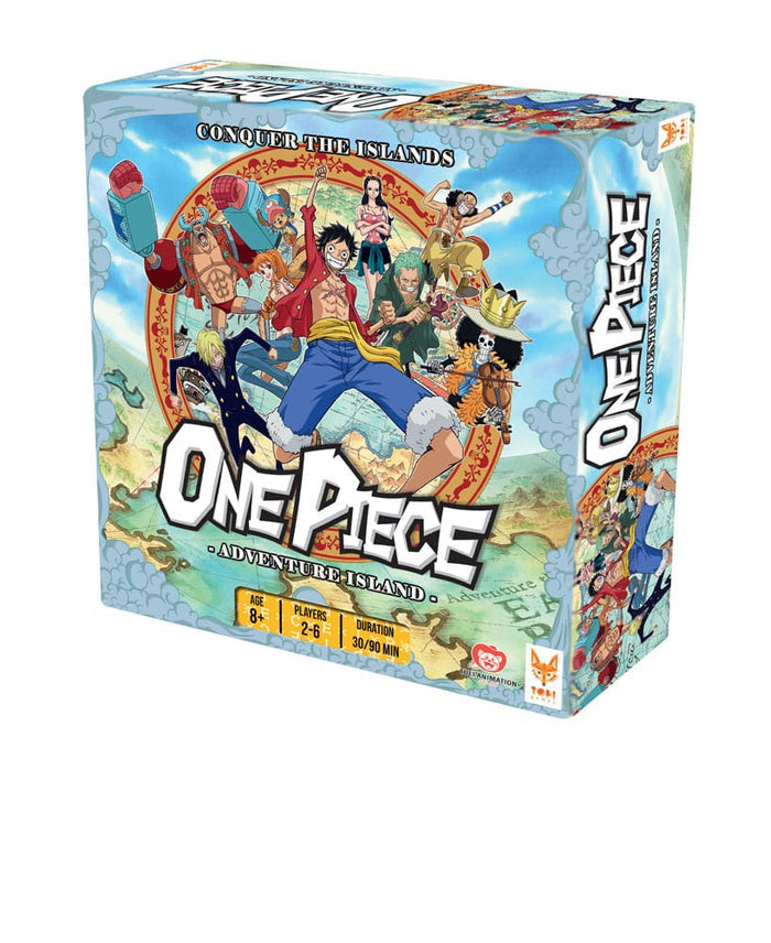 One Piece Adventure Island board game box featuring Monkey D. Luffy and the Straw Hat pirate crew.