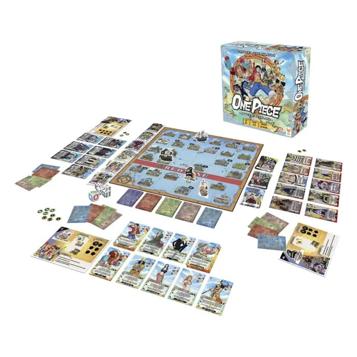 Anime board game with a square island map, colorful character cards, dice, and ship markers next to its blue box.