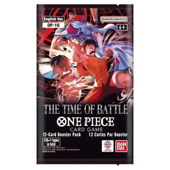 Black foil booster pack featuring action art of Luffy and Ace in front of Whitebeard with bold white text.