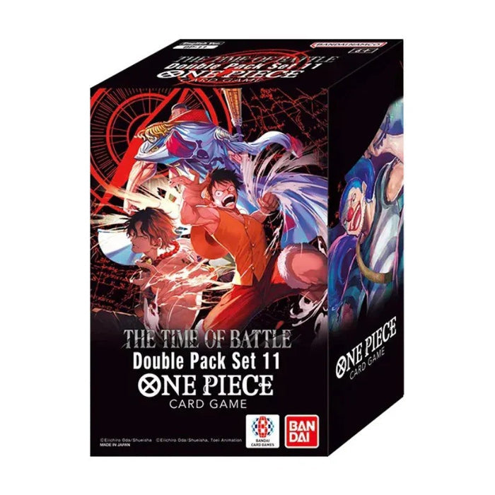Vertical rectangular card box with One Piece characters Luffy, Ace, and Buggy in dynamic action poses.